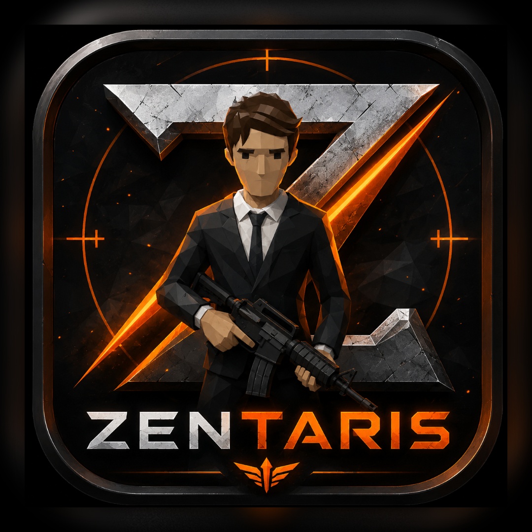 Zentaris tactical emblem against a dystopian corporate cybernetic backdrop
